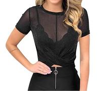 ORANDESIGNE Damen Netzstoff T-Shirt Rundhals Party Oberteil Glitzer-Top Kurzarm Durchsichtig Crop Top Transparent Bauchfrei T-Shirts Club Mesh Oberteile Bluse Tunika I Schwarz M