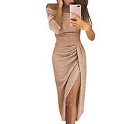 ORANDESIGNE Damen Off Cocktailkleid Shoulder Kleider für Hochzeit Elegant Maxikleider Glänzend Hoch Geschnitten Abendkleider 5 Farbe S/M/L/XL Champagner DE 40