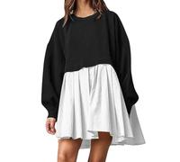ORANDESIGNE Damen Oversized Sweatshirt Kleider Farbeblock Langarm Rundhals Elegant Kleid Pulloverkleid Tops Relaxed Fit Pullikleid Mini Dress Sweatkleid Lang Tunikakleid Sweatkleid A Schwarz Weiß XL