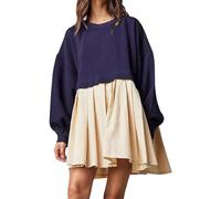 ORANDESIGNE Damen Oversized Sweatshirt Kleider Farbeblock Langarm Rundhals Elegant Kleid Pulloverkleid Tops Relaxed Fit Pullikleid Mini Dress Sweatkleid Lang Tunikakleid Sweatkleid A Marine XL