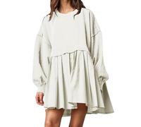 ORANDESIGNE Damen Oversized Sweatshirt Kleider Farbeblock Langarm Rundhals Elegant Kleid Pulloverkleid Tops Relaxed Fit Pullikleid Mini Dress Sweatkleid Lang Tunikakleid Sweatkleid A Weiß L