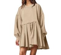 ORANDESIGNE Damen Oversized Sweatshirt Kleider Farbeblock Langarm Rundhals Elegant Kleid Pulloverkleid Tops Relaxed Fit Pullikleid Mini Dress Sweatkleid Lang Tunikakleid Sweatkleid A Beige S