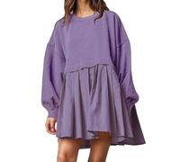 ORANDESIGNE Damen Oversized Sweatshirt Kleider Farbeblock Langarm Rundhals Elegant Kleid Pulloverkleid Tops Relaxed Fit Pullikleid Mini Dress Sweatkleid Lang Tunikakleid Sweatkleid A Violett M