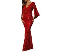 ORANDESIGNE Damen Pailletten Abendkleid Maxikleid V-Ausschnitt Lange Ärmel Abendkleid Bodenlang A-Linie Elegant Brautkleid Meerjungfrau Lange Ballkleid D Rot 40