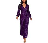 ORANDESIGNE Damen Pailletten Overall Langarm V-Ausschnitt Glitzer Strampler Lockere Hose Party Clubwear Einteiler Lang Abend Jumpsuit Elegant Playsuit Romper Hosenanzug mit Gürtel A Violett M