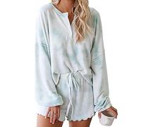 ORANDESIGNE Damen Pyjama Schlafanzug Tie Dye Pyjama Top mit Kurz Pyjama Hose Nachtwäsche Set Nachthemd Zweiteilige Sleepwear Nightwear Soft Zuhause A Hellblau XS
