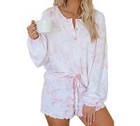 ORANDESIGNE Damen Pyjama Schlafanzug Tie Dye Pyjama Top mit Kurz Pyjama Hose Nachtwäsche Set Nachthemd Zweiteilige Sleepwear Nightwear Soft Zuhause A Rosa L