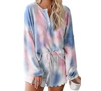 ORANDESIGNE Damen Pyjama Schlafanzug Tie-Dye-Stil Pyjama Top mit kurz Pyjama Hose Nachtwäsche Set Nachthemd Zweiteilige Sleepwear Nightwear Soft Zuhause A Blau S