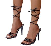 ORANDESIGNE Damen Sandaletten Riemchensandalen Römische Sandalen Stiletto Absatz Lace up High Heels Sexy Open Toe Hohl Kreuzgurt Sandalen Abend Party Braut Schuhe Riemchenpumps C Schwarz 37 EU
