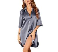 ORANDESIGNE Damen Satin Nachtwäsche Kurzarm Nachthemd Sommer Nachtkleid V-Ausschnitt Lässige Schlafhemd Sleepshirt Schlafanzug Sleepwear A Grau M