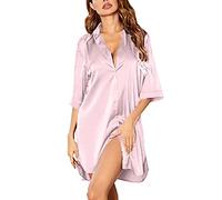 ORANDESIGNE Damen Satin Nachtwäsche Kurzarm Nachthemd Sommer Nachtkleid V-Ausschnitt Lässige Schlafhemd Sleepshirt Schlafanzug Sleepwear A Rosa XS