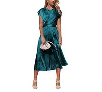ORANDESIGNE Damen Satinkleid Elegant Sommer Midikleider Rundhals Ärmelloses Hohe Taille A-Line Lange Kleider Einfarbig Riemchen Abendkleid Cocktailkleid Satin Festtagskleid A Blau L