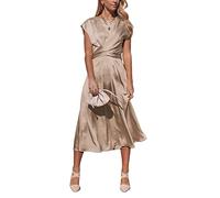 ORANDESIGNE Damen Satinkleid Elegant Sommer Midikleider Rundhals Ärmelloses Hohe Taille A-Line Lange Kleider Einfarbig Riemchen Abendkleid Cocktailkleid Satin Festtagskleid A Aprikose XS