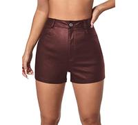 ORANDESIGNE Damen Sexy Leder Shorts Glanz Hohe Taille PU Lederoptik Kurze Hose Push up Lederimitat Kunstlederhose Hotpants A Weinrot M