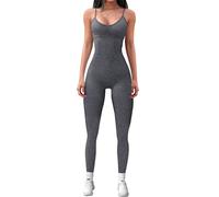ORANDESIGNE Damen Sexy Nahtloser Jumpsuit Langarm Gerippter One Piece Bodycon Overall Eng Weich Lounge Eng Yoga Jumpsuit A Grau M