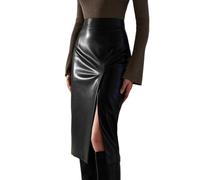 ORANDESIGNE Damen Sexy Rock Hohe Taille PU Leder Bleistiftröcke Slim Kunstleder Midirock Stretch Figurbetont Lang Lederrock Bodycon Röcke Gogo Clubwear Freizeitrock D Schwarz L
