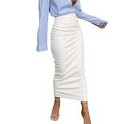 ORANDESIGNE Damen Sexy Rock Hohe Taille PU Leder Bleistiftröcke Slim Kunstleder Midirock Stretch Figurbetont Lang Lederrock Bodycon Röcke Gogo Clubwear Freizeitrock C Weiß M