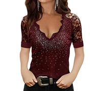 ORANDESIGNE Damen Sexy V-Ausschnitt T-Shirt mit Spitze Sexy Schulterfrei Oberteil Damen T Shirt Leicht Sexy V Ausschnitt Kurzarm Shirt mit Spitze Elegant Shirts Tops Sommer Blusen C Weinrot S