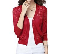ORANDESIGNE Damen Skelett Strickjacke 3/4 Ärmel Leicht Cardigan Gestrickt Jacke Elegant Feinstrickjacke Bolero Dünne Sommerjacke Schulterjacke Strickweste Shawl Bolerojäckchen A Weinrot L