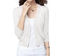 ORANDESIGNE Damen Skelett Strickjacke 3/4 Ärmel Leicht Cardigan Gestrickt Jacke Elegant Feinstrickjacke Bolero Dünne Sommerjacke Schulterjacke Strickweste Shawl Bolerojäckchen A Weiß L