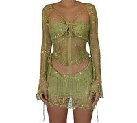 ORANDESIGNE Damen Sommer 2 Stück Rock Set Gehäkeltes Ausgehöhltes Crop Tops mit Hoher Taille Bodycon Minirock 2pcs Rock Set Y2K 90S Streetwear Frauen Bikini-Set Strand Outfits Bademode B Grün S