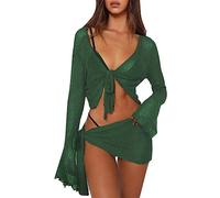 ORANDESIGNE Damen Sommer 2 Stück Rock Set Gehäkeltes Ausgehöhltes Crop Tops mit Hoher Taille Bodycon Minirock 2pcs Rock Set Y2K 90S Streetwear Frauen Bikini-Set Strand Outfits Bademode C Grün S