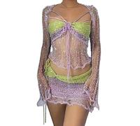 ORANDESIGNE Damen Sommer 2 Stück Rock Set Gehäkeltes Ausgehöhltes Crop Tops mit Hoher Taille Bodycon Minirock 2pcs Rock Set Y2K 90S Streetwear Frauen Bikini-Set Strand Outfits Bademode B Hellviolett M