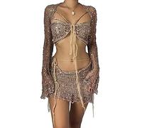 ORANDESIGNE Damen Sommer 2 Stück Rock Set Gehäkeltes Ausgehöhltes Crop Tops mit Hoher Taille Bodycon Minirock 2pcs Rock Set Y2K 90S Streetwear Frauen Bikini-Set Strand Outfits Bademode A Kamel S