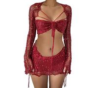 ORANDESIGNE Damen Sommer 2 Stück Rock Set Gehäkeltes Ausgehöhltes Crop Tops mit Hoher Taille Bodycon Minirock 2pcs Rock Set Y2K 90S Streetwear Frauen Bikini-Set Strand Outfits Bademode A Rot XS