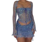 ORANDESIGNE Damen Sommer 2 Stück Rock Set Gehäkeltes Ausgehöhltes Crop Tops mit Hoher Taille Bodycon Minirock 2pcs Rock Set Y2K 90S Streetwear Frauen Bikini-Set Strand Outfits Bademode B Blau XS