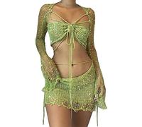 ORANDESIGNE Damen Sommer 2 Stück Rock Set Gehäkeltes Ausgehöhltes Crop Tops mit Hoher Taille Bodycon Minirock 2pcs Rock Set Y2K 90S Streetwear Frauen Bikini-Set Strand Outfits Bademode A Grün M