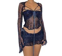 ORANDESIGNE Damen Sommer 2 Stück Rock Set Gehäkeltes Ausgehöhltes Crop Tops mit Hoher Taille Bodycon Minirock 2pcs Rock Set Y2K 90S Streetwear Frauen Bikini-Set Strand Outfits Bademode B Dunkelblau S