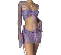 ORANDESIGNE Damen Sommer 2 Stück Rock Set Gehäkeltes Ausgehöhltes Crop Tops mit Hoher Taille Bodycon Minirock 2pcs Rock Set Y2K 90S Streetwear Frauen Bikini-Set Strand Outfits Bademode A Violett L