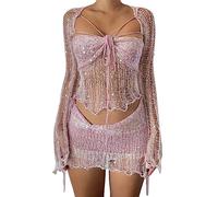 ORANDESIGNE Damen Sommer 2 Stück Rock Set Gehäkeltes Ausgehöhltes Crop Tops mit Hoher Taille Bodycon Minirock 2pcs Rock Set Y2K 90S Streetwear Frauen Bikini-Set Strand Outfits Bademode B Rosa XS