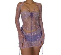 ORANDESIGNE Damen Sommer 2 Stück Rock Set Gehäkeltes Ausgehöhltes Crop Tops mit Hoher Taille Bodycon Minirock 2pcs Rock Set Y2K 90S Streetwear Frauen Bikini-Set Strand Outfits Bademode B Violett S