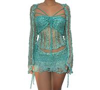 ORANDESIGNE Damen Sommer 2 Stück Rock Set Gehäkeltes Ausgehöhltes Crop Tops mit Hoher Taille Bodycon Minirock 2pcs Rock Set Y2K 90S Streetwear Frauen Bikini-Set Strand Outfits Bademode B Hellblau S