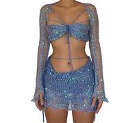 ORANDESIGNE Damen Sommer 2 Stück Rock Set Gehäkeltes Ausgehöhltes Crop Tops mit Hoher Taille Bodycon Minirock 2pcs Rock Set Y2K 90S Streetwear Frauen Bikini-Set Strand Outfits Bademode A Blau XS