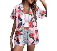 ORANDESIGNE Damen Sommer Hawaii Hemd Weich Cool Tropischer Blumendruck T-Shirt Button Down Knopfleiste V-Ausschnitt Kurzarm T-Shirt Aloha Floral Top Bluse Tops A Rosa L