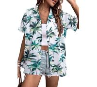 ORANDESIGNE Damen Sommer Hawaii Hemd Weich Cool Tropischer Blumendruck T-Shirt Button Down Knopfleiste V-Ausschnitt Kurzarm T-Shirt Aloha Floral Top Bluse Tops A Grün L