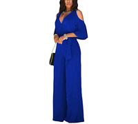 ORANDESIGNE Damen Sommer Jumpsuit V-Ausschnitt Kurzarm Elegant Weite Lange Culotte Hose Overall Hosenanzug Sexy Schulterausschnitt Playsuit Romper A Blau XL
