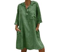 ORANDESIGNE Damen Sommer Leinenkleid lässig größe Einfarbig Dress Kleider für Frauen T-Shirt Kleider Grün DE 48