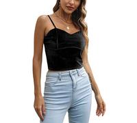 ORANDESIGNE Damen Spaghettiträger Samt Crop Top Camisole Sexy Leibchen Trägershirt für Frauen Ärmellose Tanktops Sommer Weste T-Shirt Bluse Einfarbig B Schwarz M