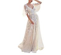 ORANDESIGNE Damen Spitzen Lange Brautjungfer Kleid Abendkleid Party Ärmellos Hochzeit Cocktailkleid Chiffon Faltenrock Kleid H Weiß XL