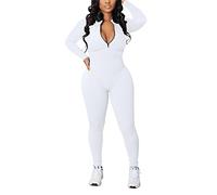 ORANDESIGNE Damen Sport Jumpsuit Overall mit Reißverschluss Outfits Playsuits Slim Fit Kuschelig Onesie Langarm Bodycon Strampler Sportanzug Yoga Fitness Slim Jogginganzug A Weiß L