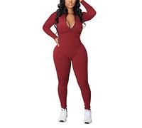 ORANDESIGNE Damen Sport Jumpsuit Overall mit Reißverschluss Outfits Playsuits Slim Fit Kuschelig Onesie Langarm Bodycon Strampler Sportanzug Yoga Fitness Slim Jogginganzug A Rot L