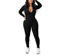 ORANDESIGNE Damen Sport Jumpsuit Overall mit Reißverschluss Outfits Playsuits Slim Fit Kuschelig Onesie Langarm Bodycon Strampler Sportanzug Yoga Fitness Slim Jogginganzug A Schwarz L