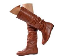 ORANDESIGNE Damen Stiefel Boots Herbst Winter Comfort Lackleder Hohe Stiefel Damen Schuhe Halbhohe Stiefel Mittelstiefel mit Runder Zehenpartie Lederstiefel A Braun 36 EU