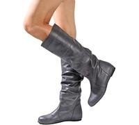 ORANDESIGNE Damen Stiefel Boots Herbst Winter Comfort Lackleder Hohe Stiefel Damen Schuhe Halbhohe Stiefel Mittelstiefel mit Runder Zehenpartie Lederstiefel A Grau 38 EU