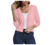 ORANDESIGNE Damen Strickjacke 3/4 Ärmel Cardigan Bolero V-Ausschnitt mit Gerippten Bündchen und Saum Kurze Gestrickte Achselzucken Offene Vorderseite Oberteile Knopfleiste Sommerpullover A Rosa XS