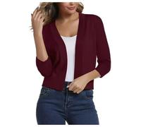 ORANDESIGNE Damen Strickjacke 3/4 Ärmel Cardigan Bolero V-Ausschnitt mit Gerippten Bündchen und Saum Kurze Gestrickte Achselzucken Offene Vorderseite Oberteile Knopfleiste Sommerpullover A Weinrot L